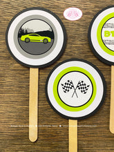 Load image into Gallery viewer, Green Race Car Party Cupcake Toppers Birthday Boy Girl Lime Black Street Racing Fastback Checkered Flag Boogie Bear Invitations Brad Theme