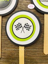 Load image into Gallery viewer, Green Race Car Party Cupcake Toppers Birthday Boy Girl Lime Black Street Racing Fastback Checkered Flag Boogie Bear Invitations Brad Theme