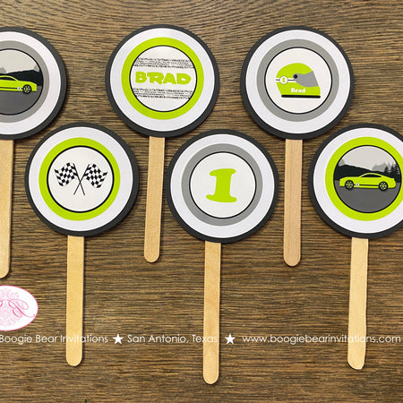 Green Race Car Party Cupcake Toppers Birthday Boy Girl Lime Black Street Racing Fastback Checkered Flag Boogie Bear Invitations Brad Theme