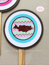 Load image into Gallery viewer, Bass Fish Fishing Birthday Party Cupcake Toppers Set Girl Pink Green Brown Aqua Blue Rustic River Reel Boogie Bear Invitations Eartha Theme