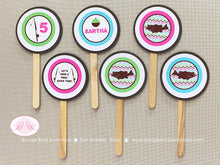 Load image into Gallery viewer, Bass Fish Fishing Birthday Party Cupcake Toppers Set Girl Pink Green Brown Aqua Blue Rustic River Reel Boogie Bear Invitations Eartha Theme
