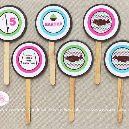 Bass Fish Fishing Birthday Party Cupcake Toppers Set Girl Pink Green Brown Aqua Blue Rustic River Reel Boogie Bear Invitations Eartha Theme
