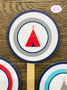 Teepee Arrow Birthday Party Cupcake Toppers Set Red Navy Blue Teal Aqua Turquoise Indian Pow Wow Boy Boogie Bear Invitations Ryder Theme