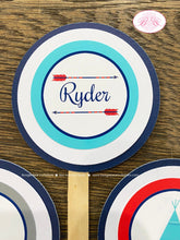 Load image into Gallery viewer, Teepee Arrow Birthday Party Cupcake Toppers Set Red Navy Blue Teal Aqua Turquoise Indian Pow Wow Boy Boogie Bear Invitations Ryder Theme