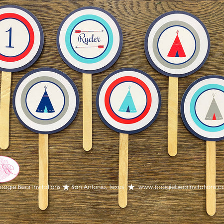 Teepee Arrow Birthday Party Cupcake Toppers Set Red Navy Blue Teal Aqua Turquoise Indian Pow Wow Boy Boogie Bear Invitations Ryder Theme