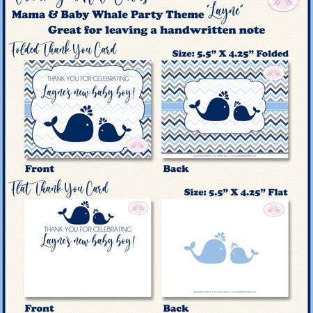 Navy Light Blue Whale Baby Shower Thank You Card Favor Boy Grey Pool Party Swimming Splash Swim Boogie Bear Invitations Layne Theme Printed
