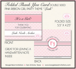 Pink Ribbon Baby Shower Thank You Card Favor Footprints Foot Print Scallop Pretty Circle Black Boogie Bear Invitations Leah Theme Printed