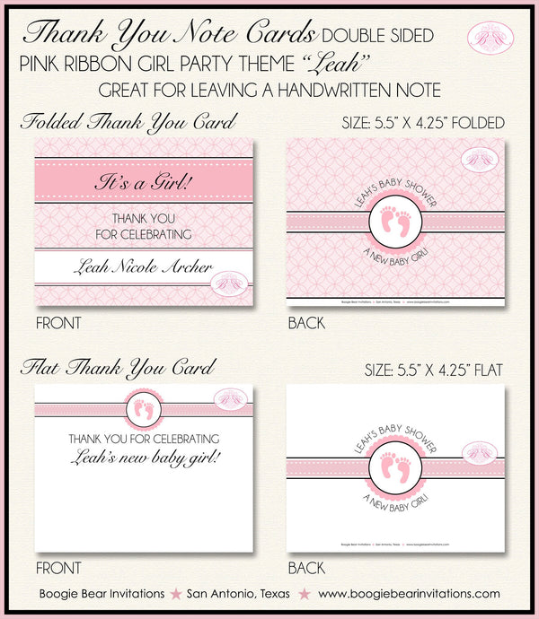 Pink Ribbon Baby Shower Thank You Card Favor Footprints Foot Print Scallop Pretty Circle Black Boogie Bear Invitations Leah Theme Printed