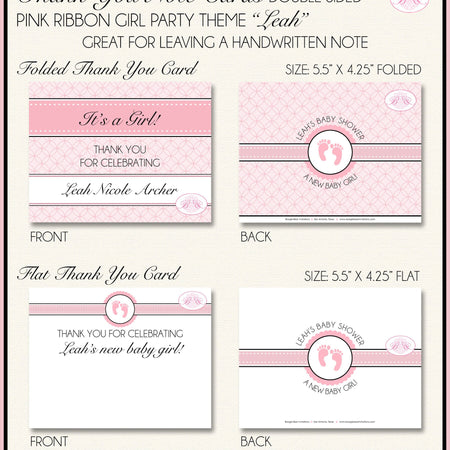 Pink Ribbon Baby Shower Thank You Card Favor Footprints Foot Print Scallop Pretty Circle Black Boogie Bear Invitations Leah Theme Printed