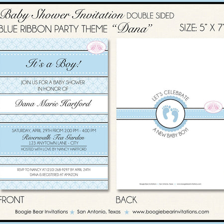 Blue Ribbon Baby Shower Invitation Boy Footprints Polka Dot Foot Print 1st Boogie Bear Invitations Dana Theme Paperless Printable Printed