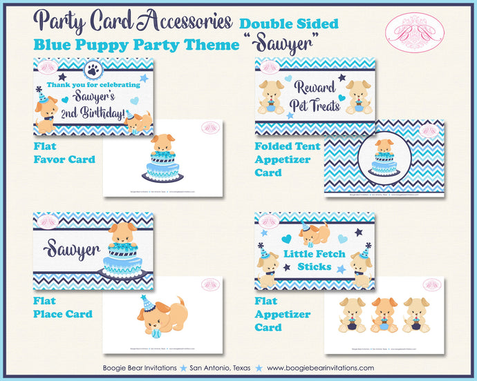 Blue Puppy Birthday Favor Party Card Appetizer Food Place Sign Label Dog Boy Girl Pet Pawty Adoption Boogie Bear Invitations Sawyer Theme