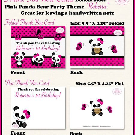 Pink Panda Bear Birthday Party Thank You Card Girl Little Butterfly Wild Zoo Animals Black Dot Boogie Bear Invitations Roberta Theme Printed
