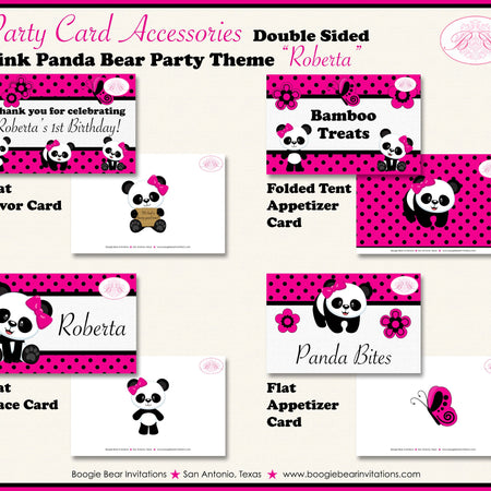 Pink Panda Bear Birthday Party Favor Card Tent Place Appetizer Tag Food Girl Black Flower Butterfly Boogie Bear Invitations Roberta Theme