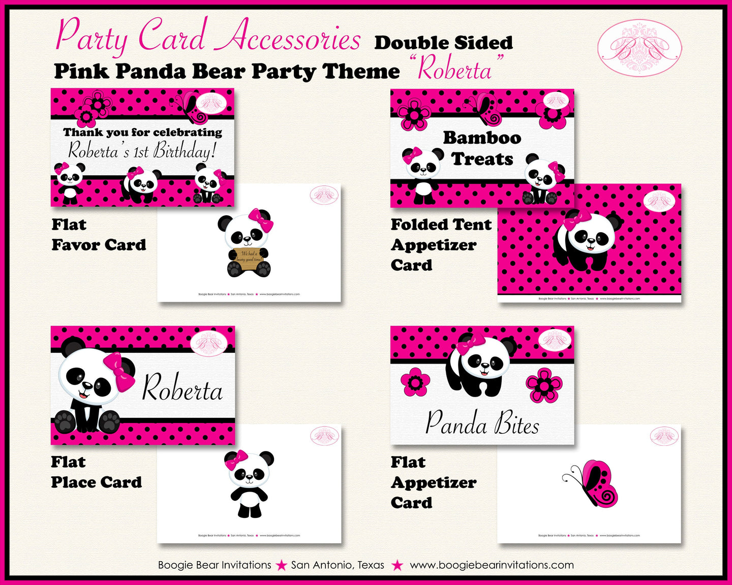 Pink Panda Bear Birthday Party Favor Card Tent Place Appetizer Tag Food Girl Black Flower Butterfly Boogie Bear Invitations Roberta Theme