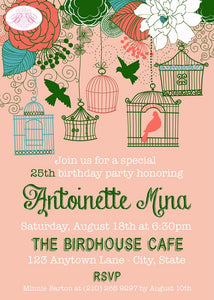 Garden Birds Birthday Party Invitation Coral Green Flower Girl Birdcage Boogie Bear Invitations Antoinette Theme Paperless Printable Printed