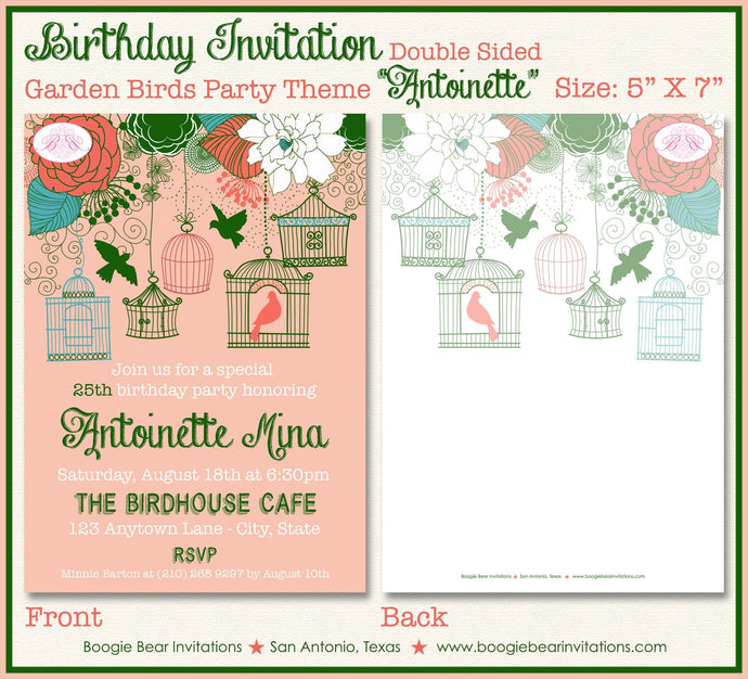Garden Birds Birthday Party Invitation Coral Green Flower Girl Birdcage Boogie Bear Invitations Antoinette Theme Paperless Printable Printed