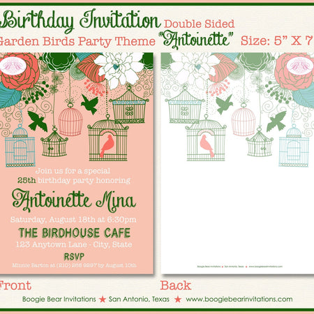 Garden Birds Birthday Party Invitation Coral Green Flower Girl Birdcage Boogie Bear Invitations Antoinette Theme Paperless Printable Printed