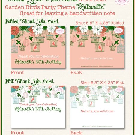 Garden Birds Woodland Party Thank You Card Birthday Girl Coral Green Birdcage Turquoise Blue Teal Boogie Bear Invitations Antoinette Theme