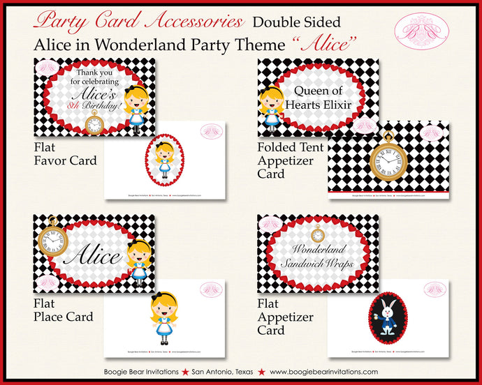 Alice in Wonderland Birthday Party Favor Card Tent Place Appetizer Tag Food Queen of Hearts White Rabbit Boogie Bear Invitations Alice Theme
