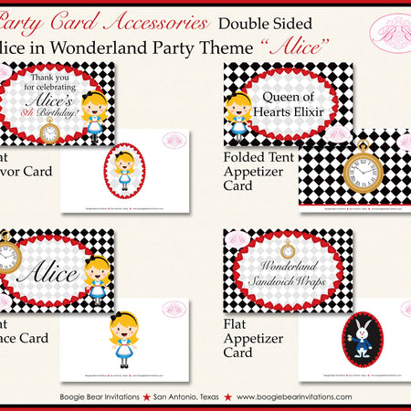 Alice in Wonderland Birthday Party Favor Card Tent Place Appetizer Tag Food Queen of Hearts White Rabbit Boogie Bear Invitations Alice Theme
