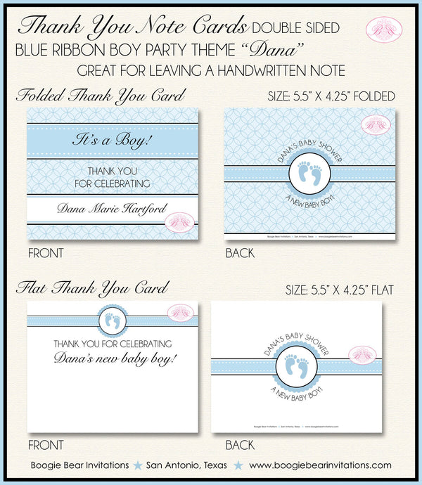 Blue Ribbon Baby Shower Thank You Card Favor Boy Footprints Foot Print Fancy Dinner Tea Black Boogie Bear Invitations Dana Theme Printed