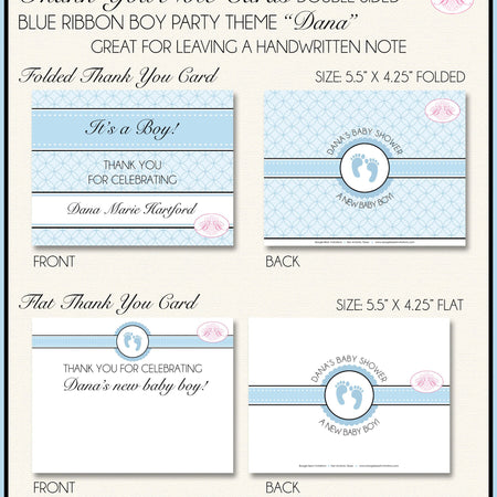 Blue Ribbon Baby Shower Thank You Card Favor Boy Footprints Foot Print Fancy Dinner Tea Black Boogie Bear Invitations Dana Theme Printed