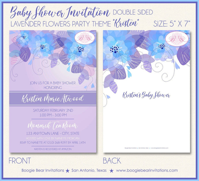 Lavender Flowers Baby Shower Invitation Party Blue Purple Garden Summer Boogie Bear Invitations Kristen Theme Paperless Printable Printed