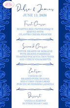 Load image into Gallery viewer, Floral Damask Wedding Menu Cards Party Food Entree Plate Dinner Blue Flower Victorian Boogie Bear Invitations Fowler Theme Paperless Printed