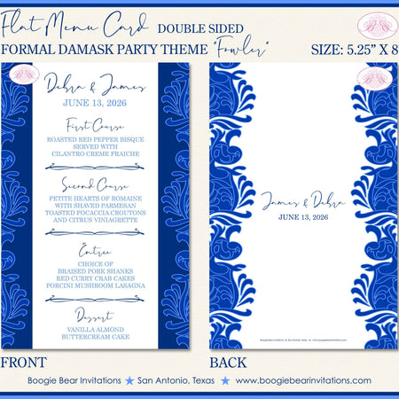 Floral Damask Wedding Menu Cards Party Food Entree Plate Dinner Blue Flower Victorian Boogie Bear Invitations Fowler Theme Paperless Printed