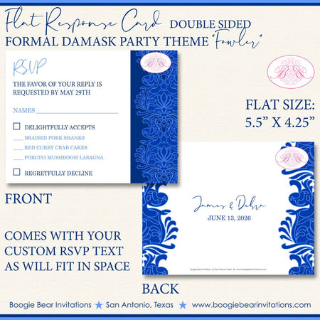 Formal Damask RSVP Card Birthday Party Response Reply Guest Blue Flower Victorian Ball Elegant Boogie Bear Invitations Fowler Theme Printed