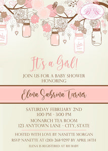 Pink Mason Jar Baby Shower Invitation Girl Flower Birthday Party Picnic Tree Boogie Bear Invitations Elena Theme Paperless Printable Printed