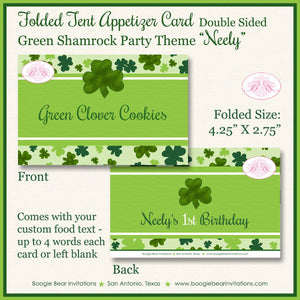 Green Shamrock Birthday Favor Party Card Appetizer Tent Place Food Tag St. Patrick's Day 4 Leaf Clover Boogie Bear Invitations Neely Theme