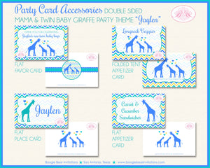 Twin Giraffe Baby Shower Favor Card Tent Place Appetizer Food Sign Label Tag Boy Blue Aqua Zoo Boogie Bear Invitations Jaylen Theme Printed