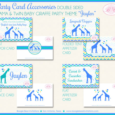 Twin Giraffe Baby Shower Favor Card Tent Place Appetizer Food Sign Label Tag Boy Blue Aqua Zoo Boogie Bear Invitations Jaylen Theme Printed