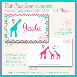 Twin Giraffe Baby Shower Favor Card Tent Place Appetizer Food Sign Label Tag Girl Pink Aqua Zoo Boogie Bear Invitations Jayla Theme Printed