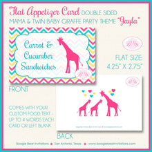 Load image into Gallery viewer, Twin Giraffe Baby Shower Favor Card Tent Place Appetizer Food Sign Label Tag Girl Pink Aqua Zoo Boogie Bear Invitations Jayla Theme Printed