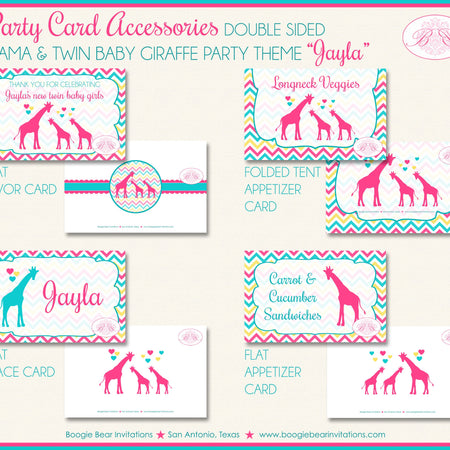 Twin Giraffe Baby Shower Favor Card Tent Place Appetizer Food Sign Label Tag Girl Pink Aqua Zoo Boogie Bear Invitations Jayla Theme Printed