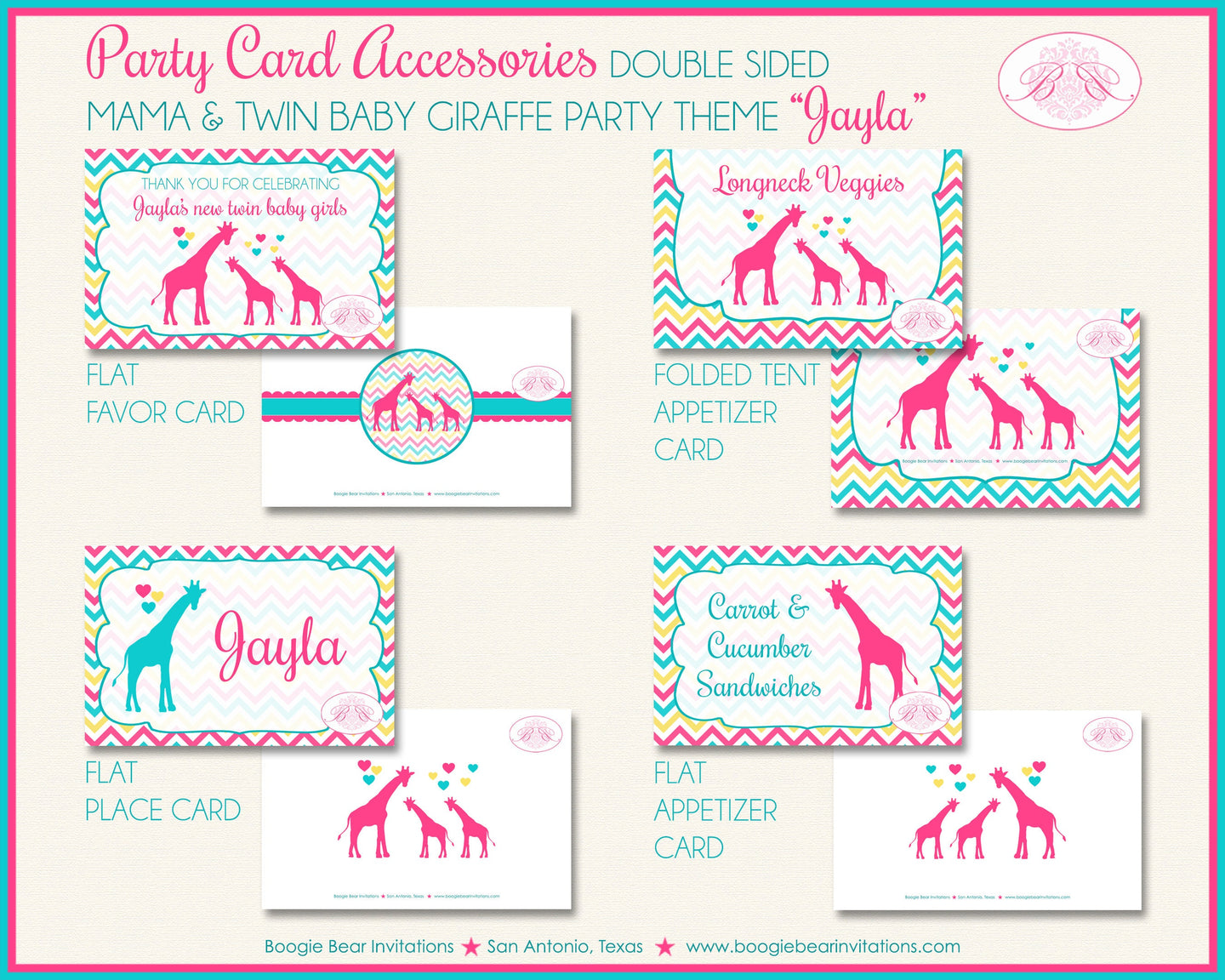 Twin Giraffe Baby Shower Favor Card Tent Place Appetizer Food Sign Label Tag Girl Pink Aqua Zoo Boogie Bear Invitations Jayla Theme Printed
