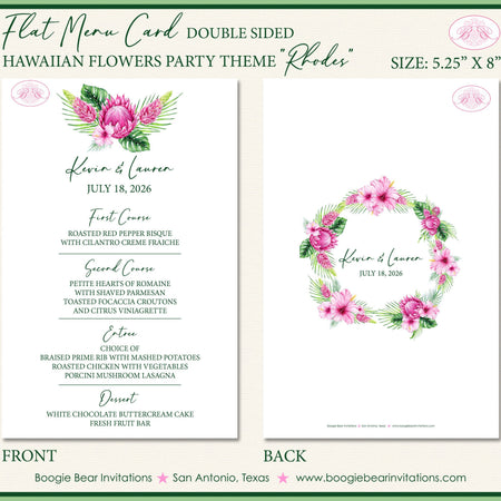 Hawaiian Flowers Wedding Menu Cards Party Food Entree Plate Dinner Hibiscus Hawaii Boogie Bear Invitations Rhodes Theme Paperless Printed