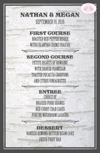Load image into Gallery viewer, Birch Bark Wedding Menu Cards Party Food Entree Plate Dinner Tree Forest Rustic Boogie Bear Invitations Jacobson Theme Paperless Printed