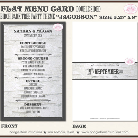 Birch Bark Wedding Menu Cards Party Food Entree Plate Dinner Tree Forest Rustic Boogie Bear Invitations Jacobson Theme Paperless Printed