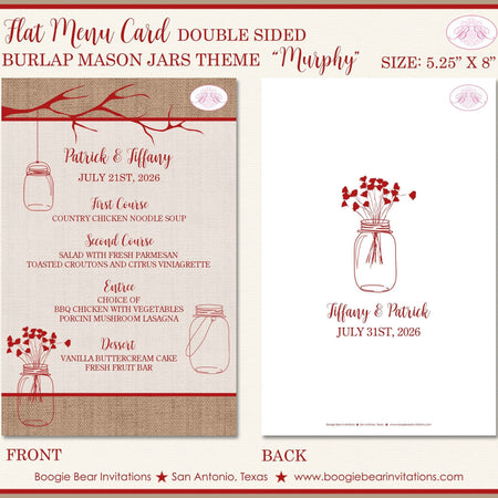 Mason Jars Wedding Menu Cards Party Food Entree Plate Dinner Country Red Burlap Farm Boogie Bear Invitations Murphy Theme Paperless Printed
