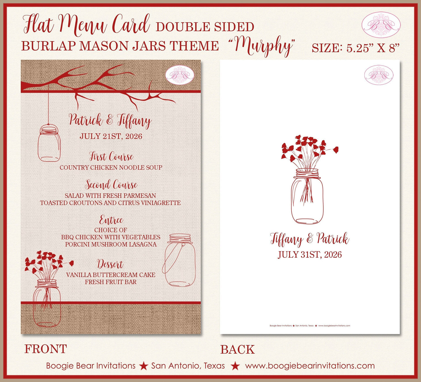 Mason Jars Wedding Menu Cards Party Food Entree Plate Dinner Country Red Burlap Farm Boogie Bear Invitations Murphy Theme Paperless Printed