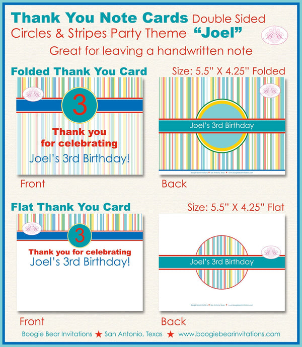 Circle Stripes Party Thank You Card Birthday Note Girl Boy Modern Red Yellow Green Aqua Teal Blue Boogie Bear Invitations Joel Theme Printed