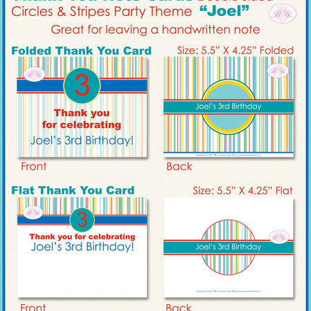 Circle Stripes Party Thank You Card Birthday Note Girl Boy Modern Red Yellow Green Aqua Teal Blue Boogie Bear Invitations Joel Theme Printed