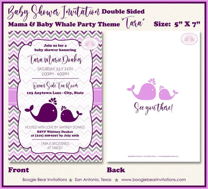 Purple Lavender Whale Baby Shower Invitation Girl Grey Party Silhouette 1st Boogie Bear Invitations Tara Theme Paperless Printable Printed