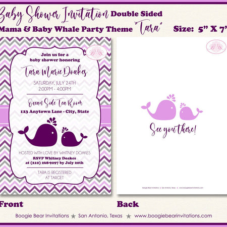 Purple Lavender Whale Baby Shower Invitation Girl Grey Party Silhouette 1st Boogie Bear Invitations Tara Theme Paperless Printable Printed