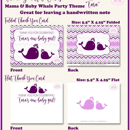 Purple Lavender Whale Baby Shower Thank You Card Favor Boy Grey Pool Party Swimming Splash Swim Boogie Bear Invitations Tara Theme Printed