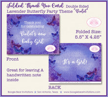 Load image into Gallery viewer, Lavender Butterfly Baby Shower Party Thank You Cards Note Vintage Purple Birthday Girl Flower Boogie Bear Invitations Violet Theme Printed