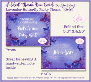 Lavender Butterfly Baby Shower Party Thank You Cards Note Vintage Purple Birthday Girl Flower Boogie Bear Invitations Violet Theme Printed